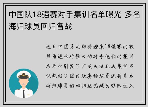 中国队18强赛对手集训名单曝光 多名海归球员回归备战