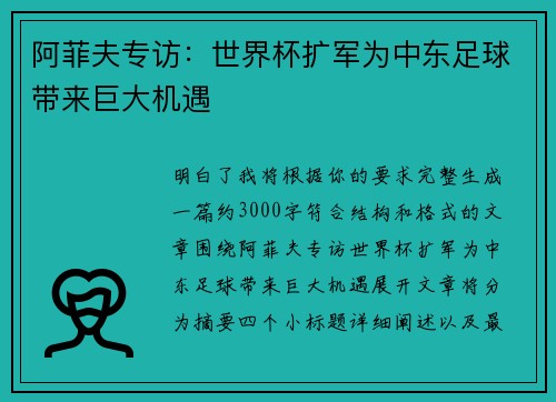 阿菲夫专访:世界杯扩军为中东足球带来巨大机遇 阿菲夫专访:世界杯扩军为中东足球带来巨大机遇